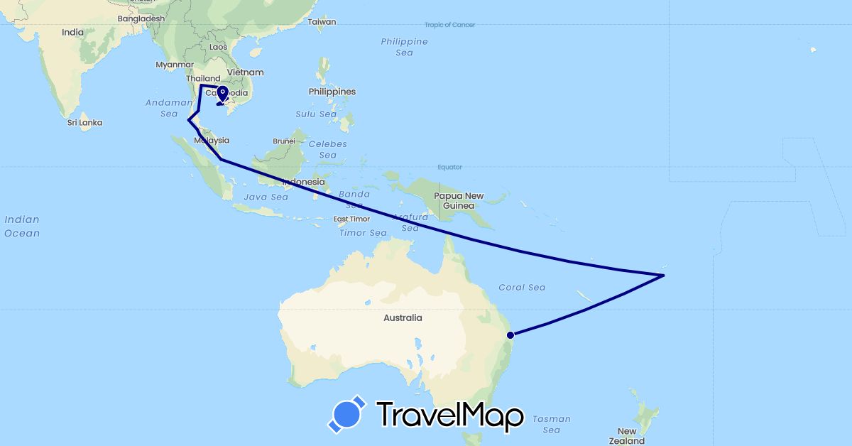 TravelMap itinerary: driving in Australia, Fiji, Cambodia, Malaysia, Singapore, Thailand (Asia, Oceania)
